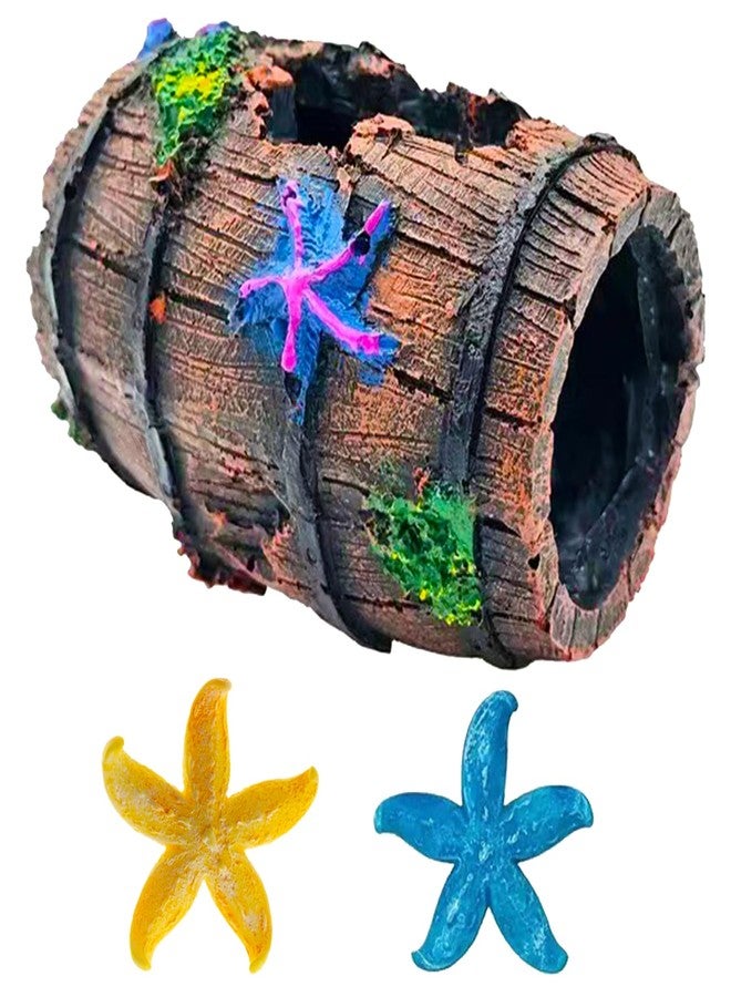 GOFYLIN Star-Fish Broken Barrel Betta Fish Tank Decorations, Fish Aquarium Decorations Broken Barrel x 1pc, Tank Accessories Ornaments Starfish x 2pcs(Yellow and Blue - Image 1
